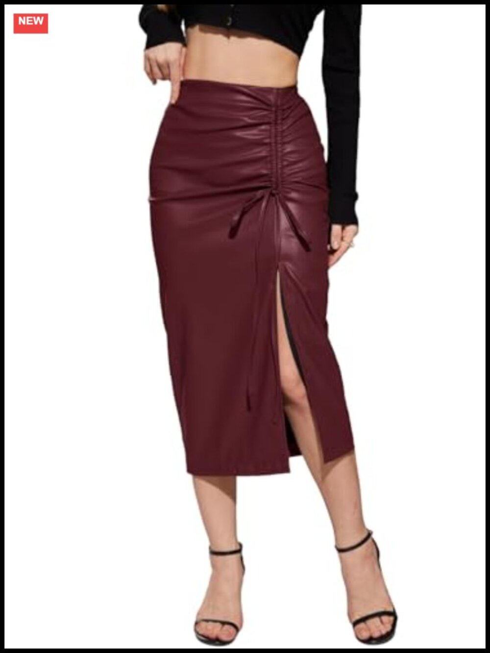 Faux Leather High Waisted Asymmetrical Side Slit Pencil Midi Skirt